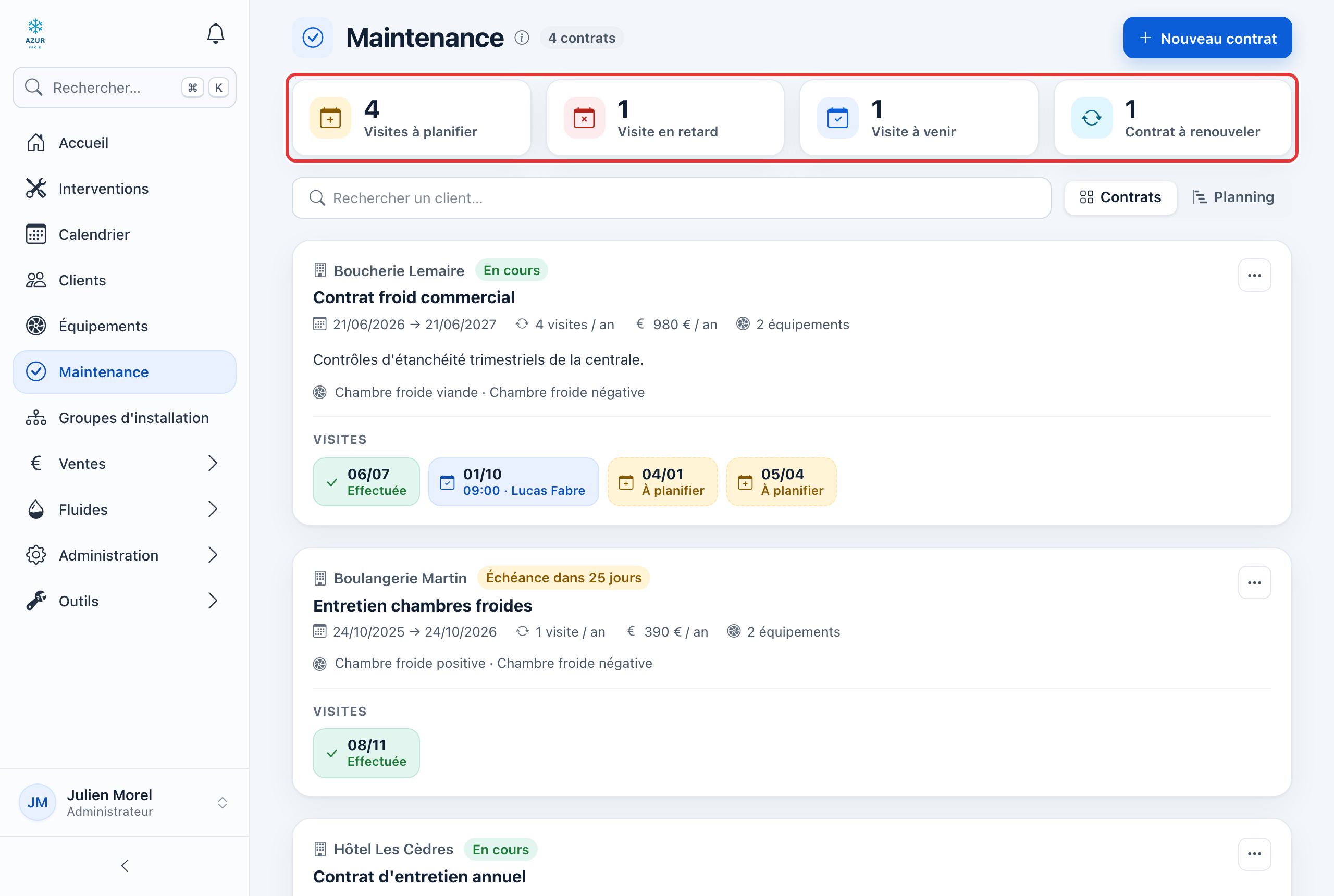 Page Maintenance, vue Contrats : les quatre compteurs sont entourés en rouge ; dessous, les cartes des contrats avec leurs visites.