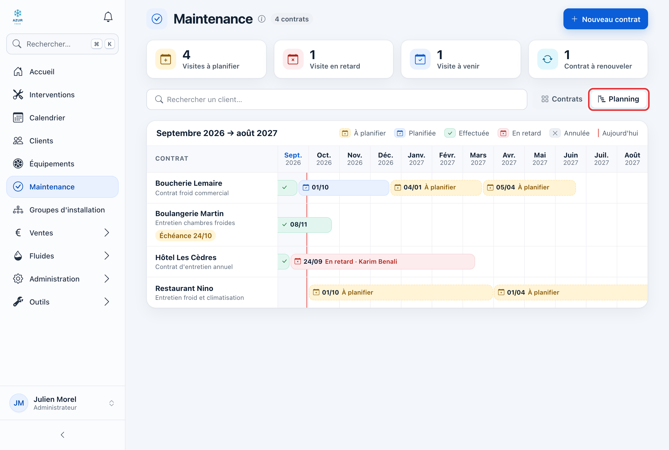Vue Planning de la maintenance, sur douze mois : une ligne par contrat avec les visites à leur date ; le bouton Planning est entouré en rouge.