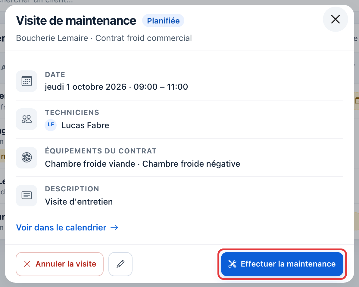 Fenêtre Visite de maintenance (Planifiée) de la Boucherie Lemaire : date, technicien, équipements du contrat ; le bouton Effectuer la maintenance est entouré en rouge.