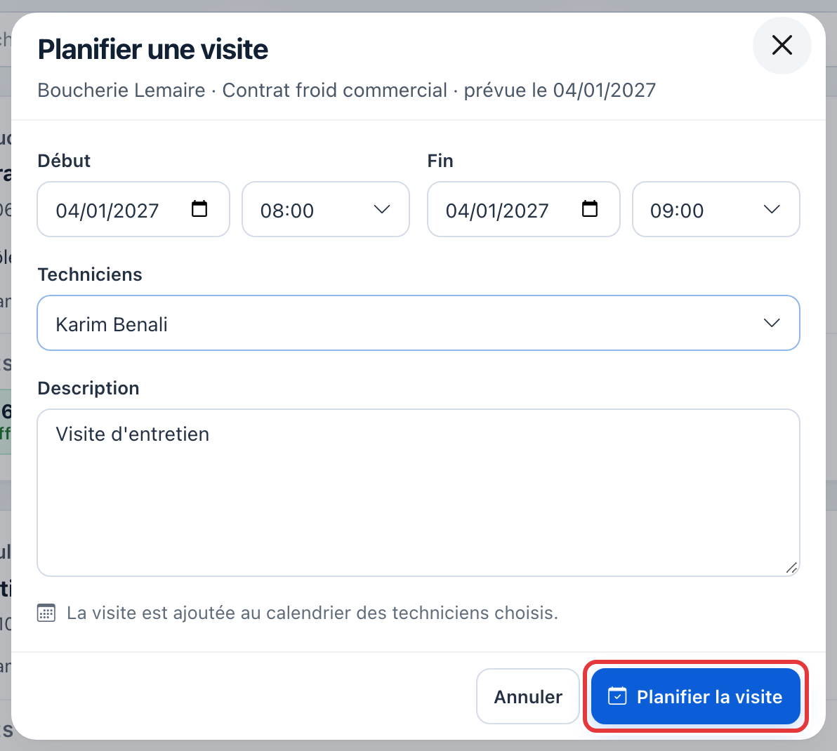 Fenêtre Planifier une visite pour la Boulangerie Martin : dates, technicien Karim Benali ; le bouton Planifier la visite est entouré en rouge.