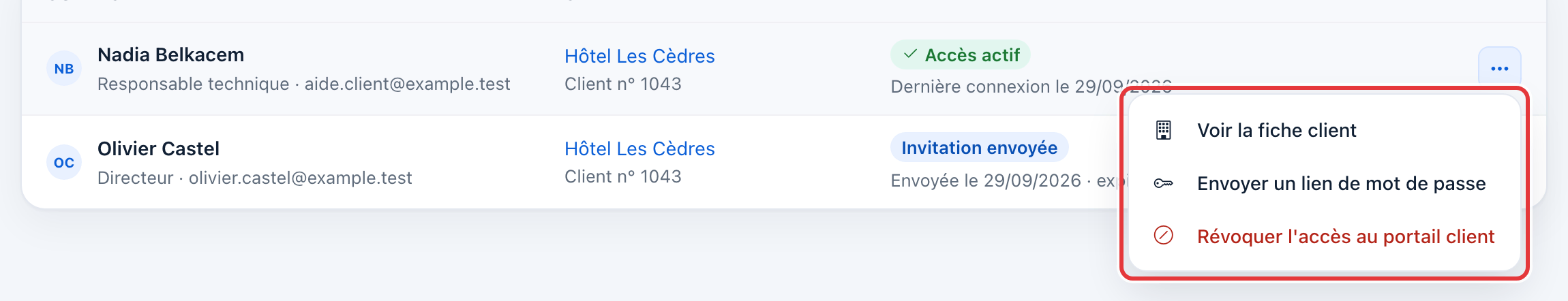 Menu d'un accès actif, entouré en rouge : Voir la fiche client, Envoyer un lien de mot de passe, Révoquer l'accès au portail client.