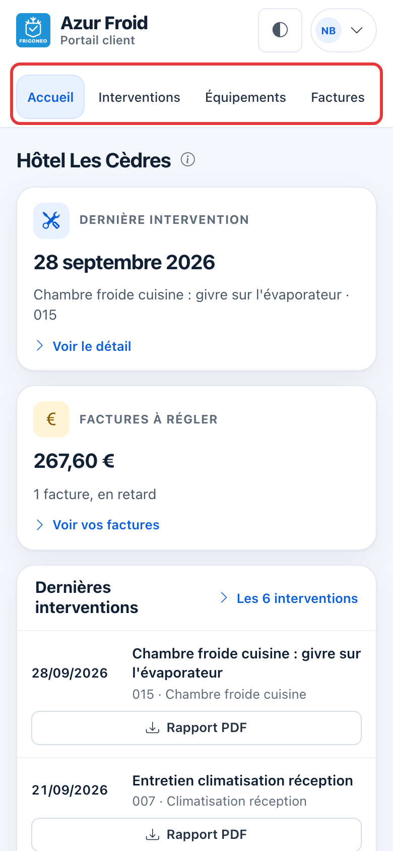 L'accueil du portail client sur téléphone : les sections Accueil, Interventions, Équipements, Factures sous l'en-tête, entourées en rouge, puis les cartes Dernière intervention et Factures à régler l'une sous l'autre.