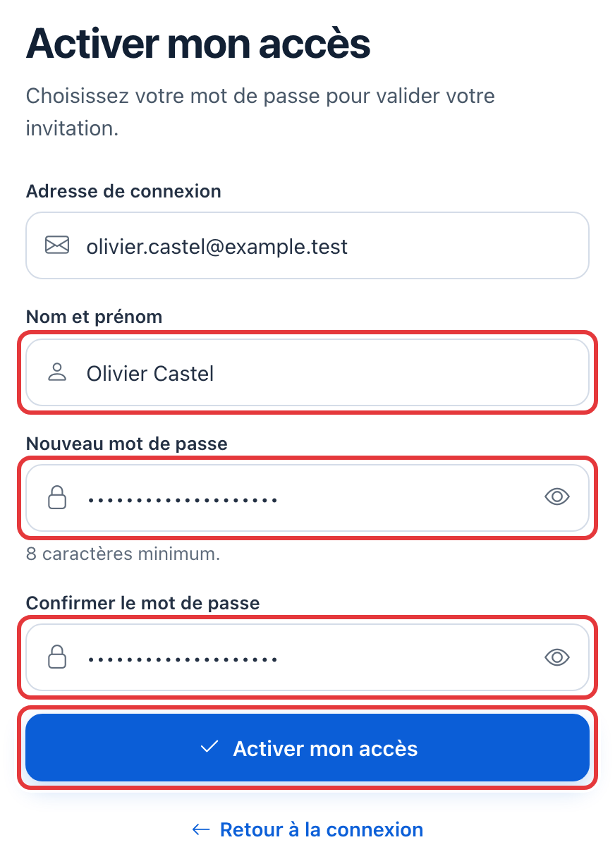 Page Activer mon accès : l'adresse de connexion, les champs Nom et prénom, Nouveau mot de passe, Confirmer le mot de passe et le bouton Activer mon accès, entourés en rouge.