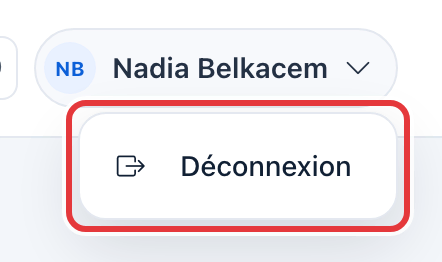 Menu du compte de Nadia Belkacem, entouré en rouge : Déconnexion.