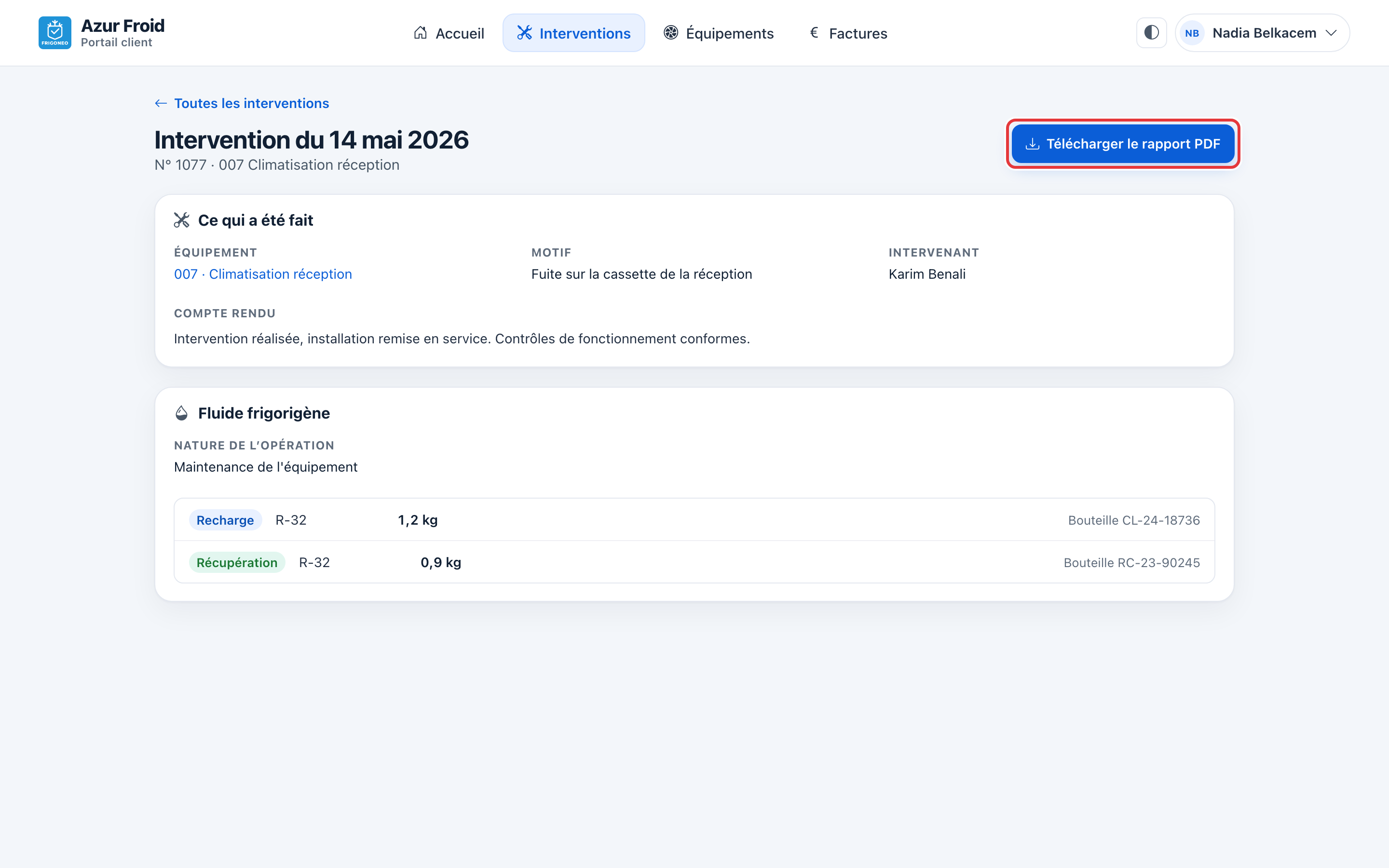 Détail de l'intervention du 14 mai 2026 sur la climatisation de la réception : le bouton Télécharger le rapport PDF est entouré en rouge ; dessous, Ce qui a été fait et Fluide frigorigène.